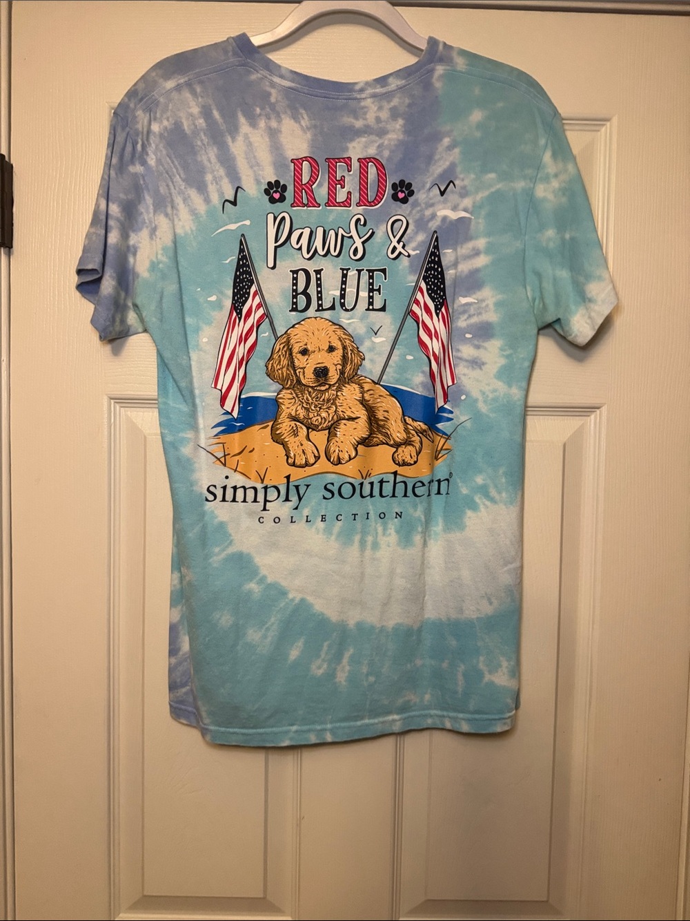 Simply Southern Tie Dye “Red, Paws, & Blue”Short Sleeve-size mediium